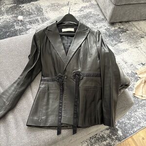 Valentino Black Leather Blazer with Ribbon Detail jacket